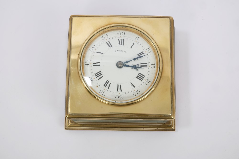Unusual late 19th century table clock with square brass case, horizontal white enamel dial, - Image 3 of 3