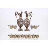 Pair 19th century French decanter jugs with overlaid silver gilt neoclassical floral and foliate