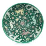 Antique Chinese Qing famille verte porcelain dish painted with horses, precious objects,