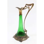 WMF Art Nouveau green glass claret jug of flared cylindrical form,