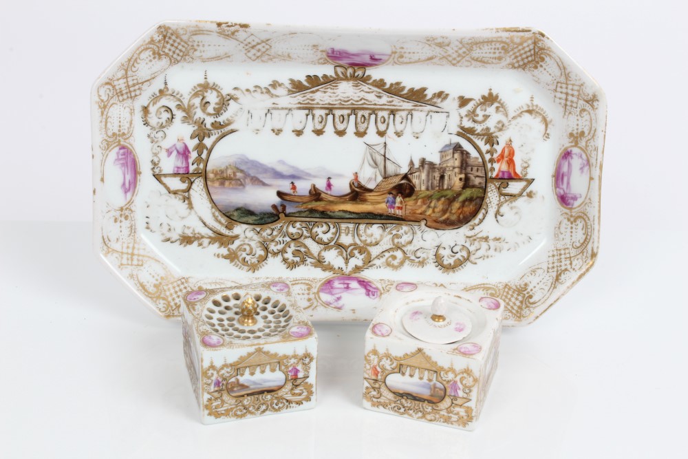 19th century German porcelain canted rectangular inkstand in the Meissen style,