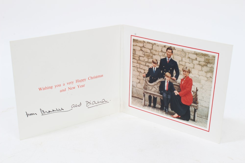 TRH The Prince and Princess of Wales - 1991 signed Christmas card with twin gilt embossed Royal