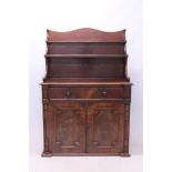 George IV flame mahogany chiffonier with waterfall shelved superstructure and frieze drawer over