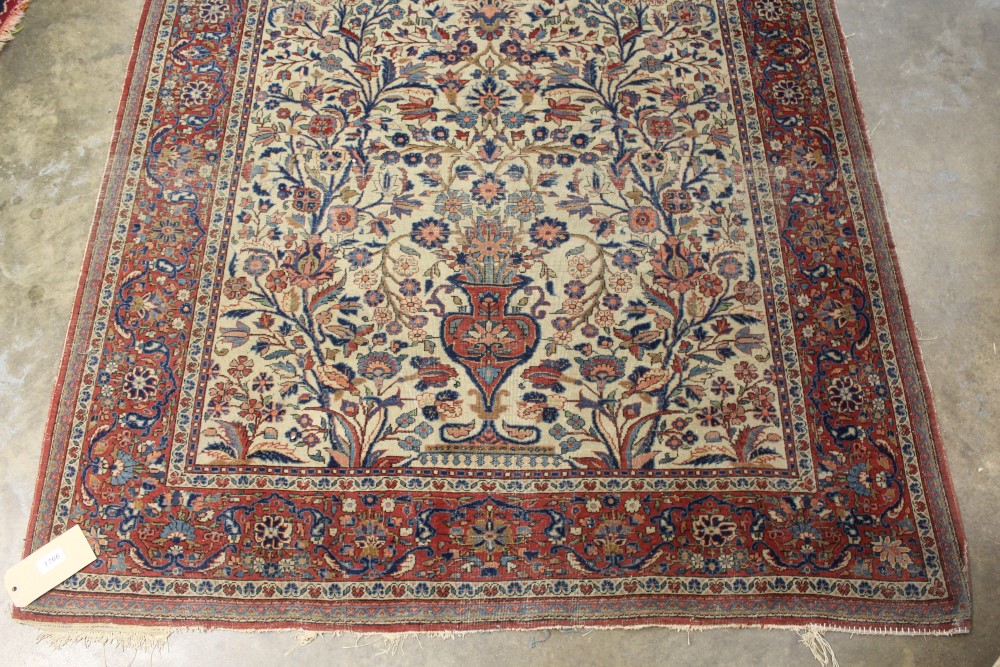 Good part silk Kashan rug - cream field with urn issuing scrolling flowering foliage within meander - Image 3 of 9