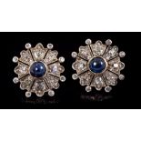 Pair sapphire and diamond cluster earrings,