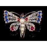 Edwardian multi-gem set butterfly brooch, the body with four cultured pearls,