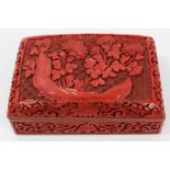 Chinese carved Cinnabar lacquer rectangular box with floral scroll decoration and blue enamelled