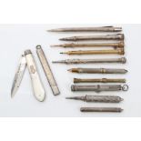 Collection of late 19th / early 20th century silver, white and yellow metal pencils,