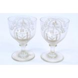 Pair early 19th century Masonic glass rummers with twin engraved Masonic emblem cartouches,
