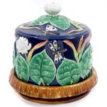 Victorian George Jones Majolica cheese dome and base with moulded waterlily and insect decoration,
