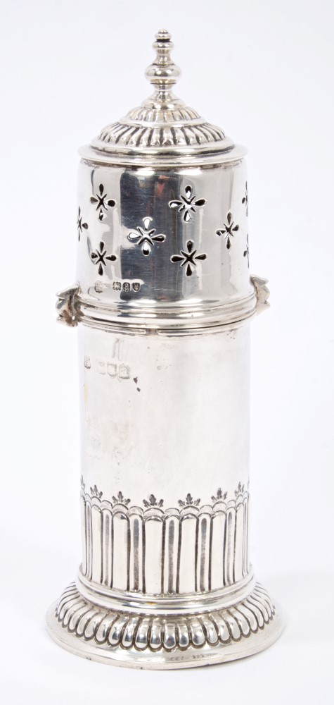 Victorian silver sugar caster of lighthouse form, with fluted decoration,