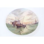 19th century Davenport porcelain plate painted with fishing boats at sea at sunset,