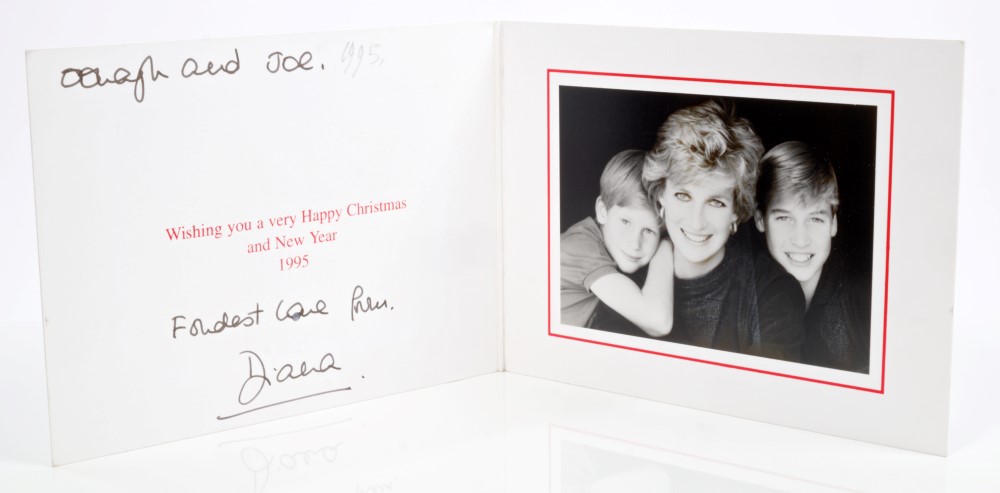 Diana Princess of Wales - signed 1995 Christmas card with gilt embossed cipher to cover and black