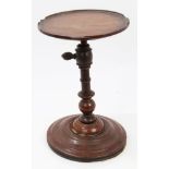 19th century fruitwood candle stand with circular dished top on adjustable turned column and