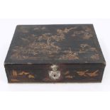 Late 17th century Japanese black and gilt lacquer box with chinoiserie decoration and white metal