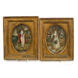 Fine pair of George III needlework and feltwork pictures depicting a shepherdess and flock and