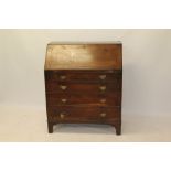 Unusual George III fruitwood bureau with fitted interior and four long graduated drawers,