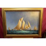 James Hardy, 20th century oil on canvas laid on board - Racing Yachts off the American Coast,