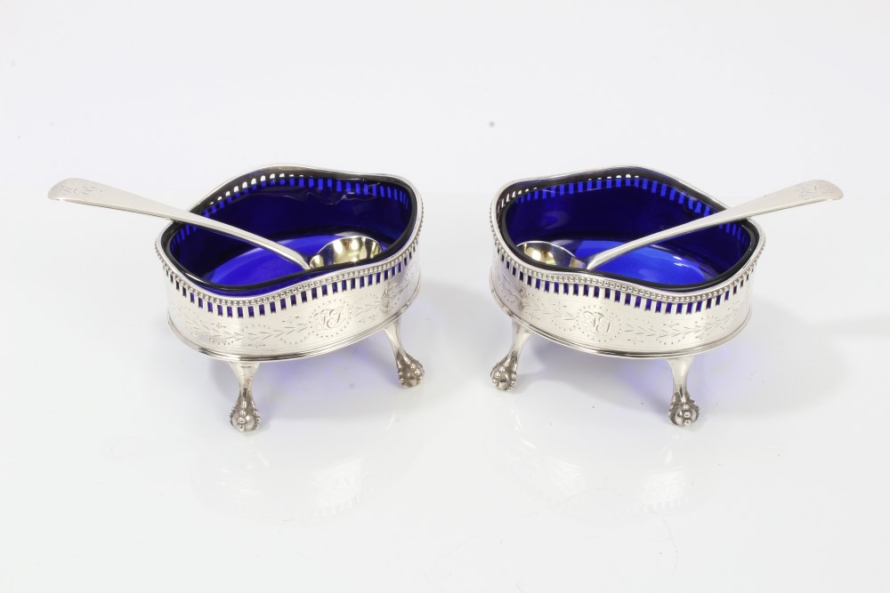 Pair George III silver salts of oval form, with bright cut decoration, pierced and bead borders,