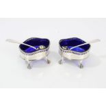 Pair George III silver salts of oval form, with bright cut decoration, pierced and bead borders,