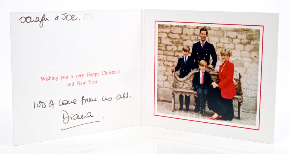 HRH Diana Princess of Wales - signed 1991 Christmas card with twin gilt Royal ciphers to front,