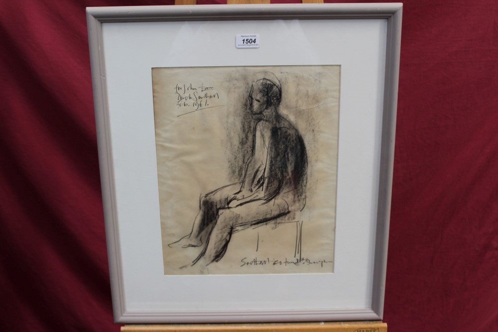 Derek Southall (1930 - 2011), charcoal - seated man, inscribed 'For John from Derek Southall Feb.