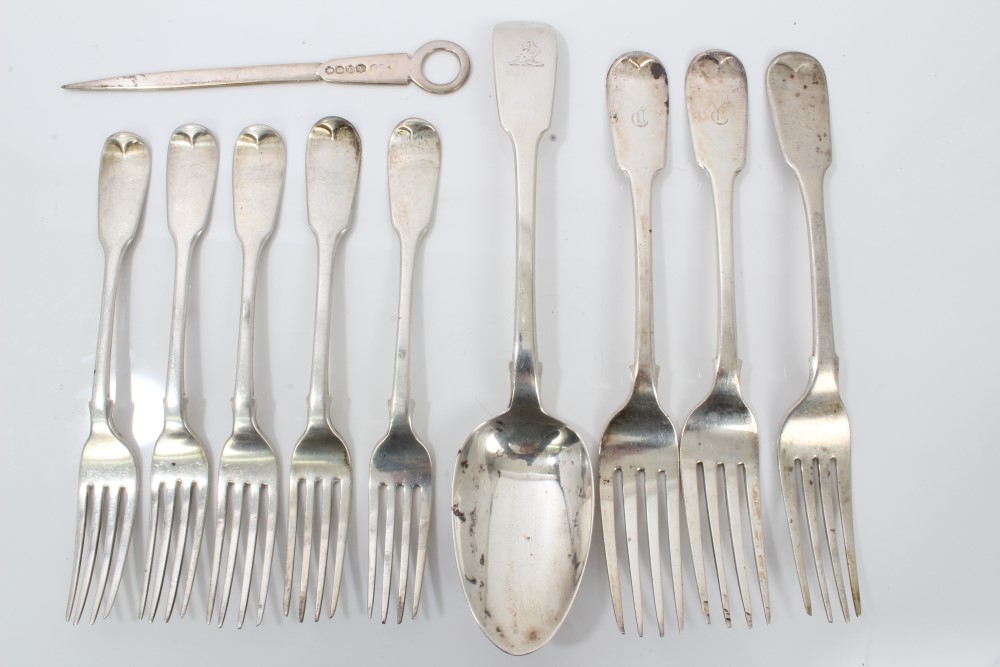 Selection of Georgian and later silver fiddle pattern flatware - including five dessert forks,