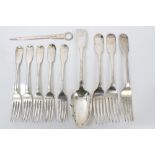 Selection of Georgian and later silver fiddle pattern flatware - including five dessert forks,