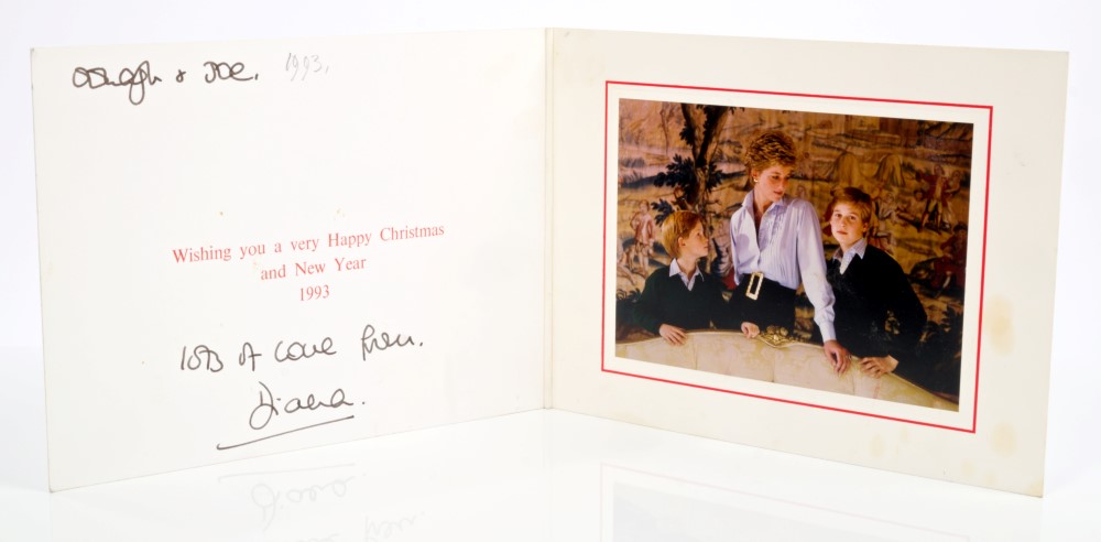 Diana Princess of Wales - signed 1993 Christmas card with gilt embossed cipher to cover and colour