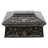 Unusual early Victorian ebony and mother of pearl inlaid sewing box of sarcophagus form,