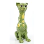 A Mosanic pottery cat table lamp with glass eyes and green, yellow and white decoration, 37.