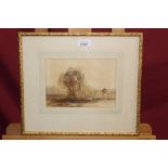 Peter De Wint (1784 - 1849), watercolour - two figures on a bridge, in glazed gilt frame, 15.