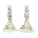 Pair 18th century Chelsea scroll moulded candlesticks, after Meissen originals,
