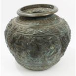 Substantial antique Indo-Chinese bulbous embossed copper pot, bulbous form with everted rim,