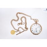 Gentlemen's gold (9ct) open face pocket watch on gold (9ct) watch chain with gold 1915 half
