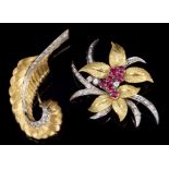 Two-colour gold (18ct) ruby and diamond floral spray brooch with a central cluster of rubies and