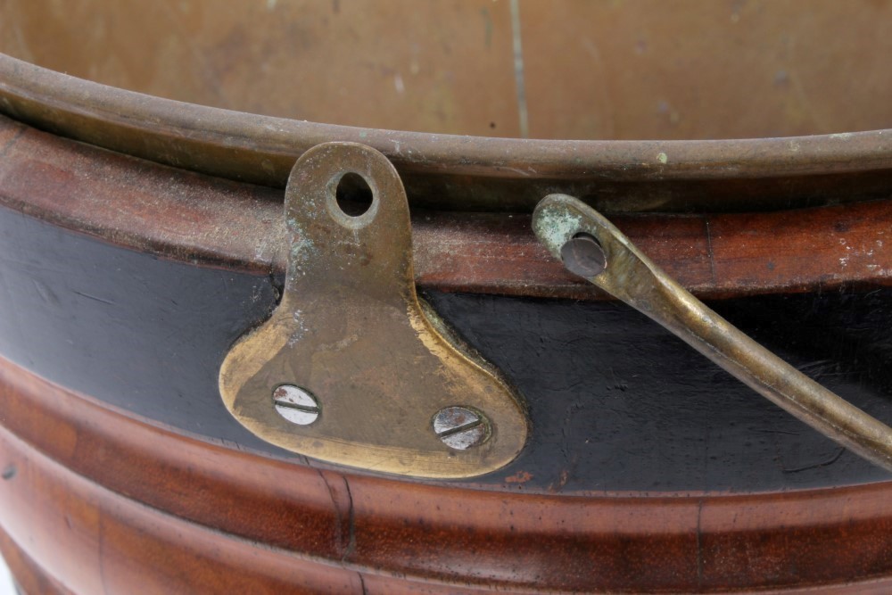 19th century Dutch turned and ebonised mahogany kettle stand bucket with brass liner and swing - Image 3 of 3