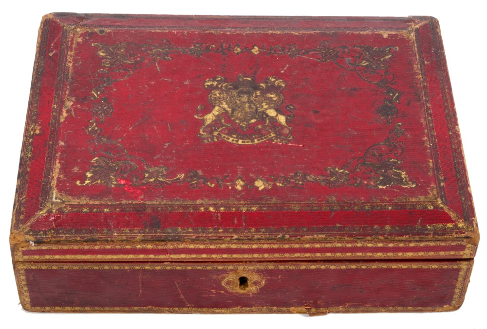 Victorian red Morocco leather-covered document box of rectangular form,