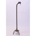 Antique Chinese brass standard lamp with dragon-head projecting terminal and engraved column on