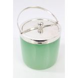 George V silver mounted green glass biscuit barrel of cylindrical form,