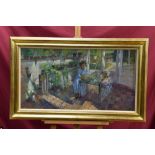 *Peter Kuhfeld (b. 1952), oil on board - The Conservatory, signed, in gilt frame, 45.5cm x 86.