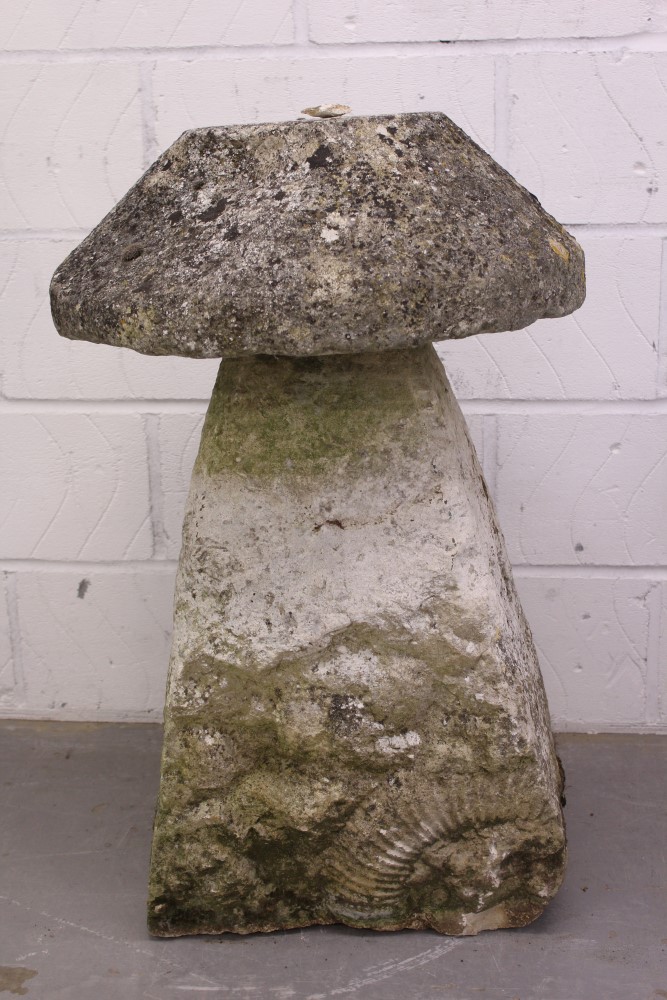 Antique staddle stone of large size, the stone with ammonite fossil inclusion to the base stone,