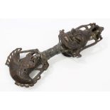 Vintage African bronze ceremonial club of twin-sided figural form,