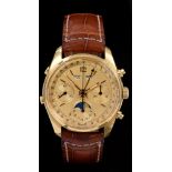 Gentlemen's gold Chronograph Calendar wristwatch, the circular gold dial with moonphase, day,