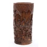 Good 19th century Chinese carved bamboo brush pot carved in high relief with a frieze depicting