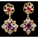 Pair gold (18ct) ruby and diamond drop earrings with flower-head clusters (London 1978)