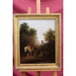Attributed to Edward Smythe (1810 - 1899), oil on canvas - figures and a pony at rest in a lane,