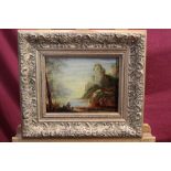 Late 19th century oil on canvas - exotic mountainous landscape with figures gathered at lakeside,