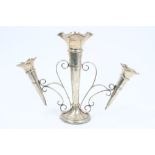 Early George V silver epergne with scroll frame and three removable trumpet vases,