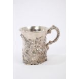 Victorian silver mug of cylindrical form, with flared rim, chased scroll and floral decoration,